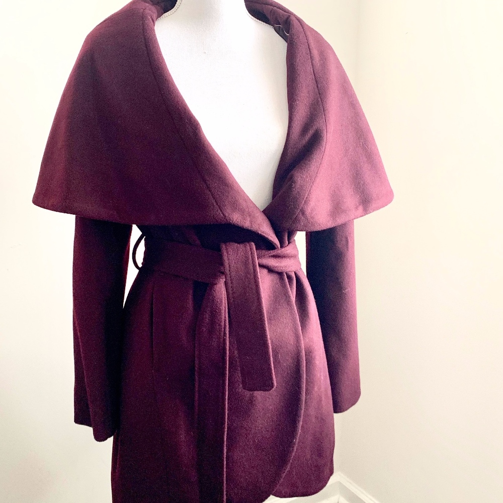 Tahari Womens M Shawl Collar Wool Wrap Coat Merlot